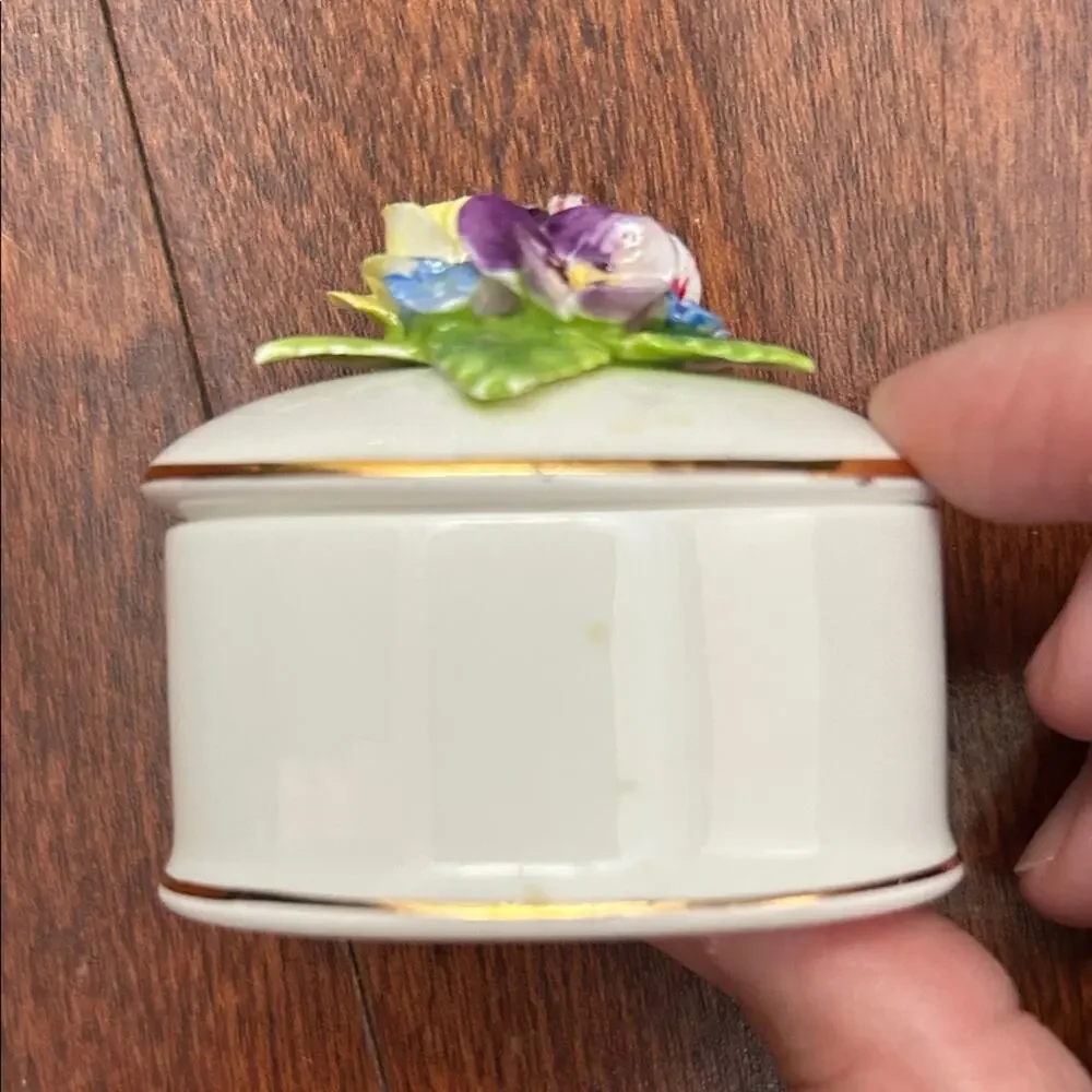 Vintage Crown Staffordshire Oval Fine Bone China Trinket Box w/ Painted Flowers